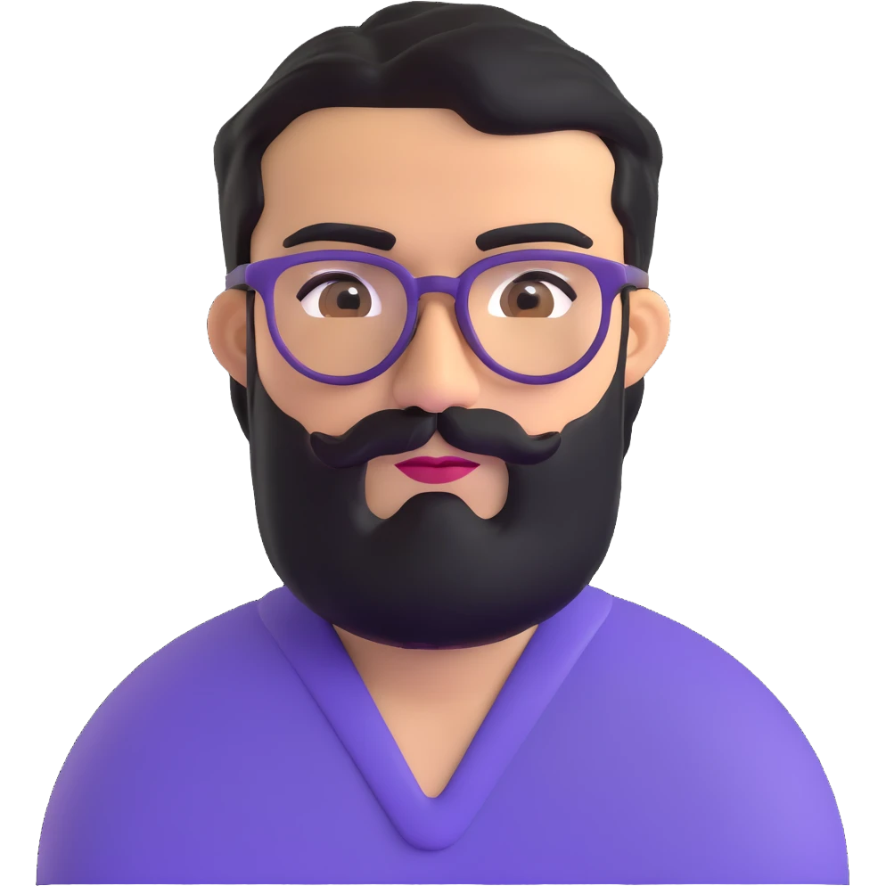 man with medium black beard, black hair, very prominent unibrow, olive tan skin, brown eyes, and glasses emoji