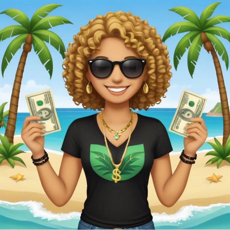 Smiling person with curly hair wearing black t-shirt and necklace, sunglasses, showing dollar bills, beach with palm trees emoji