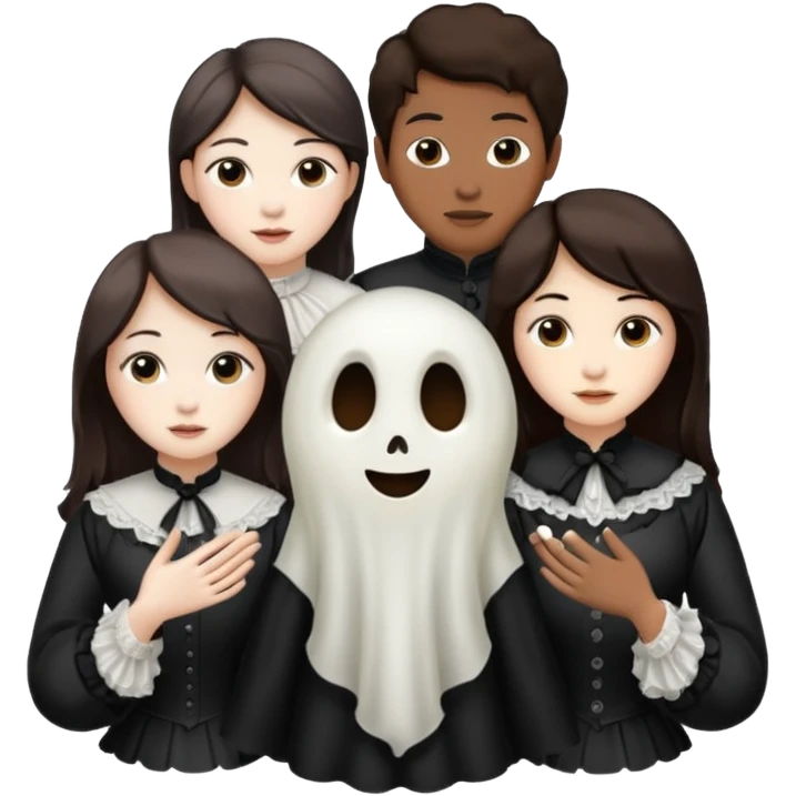 Three!! Victorian ghosts friends with dark brown hair  one Asian one Caucasian  one African American all beautiful  emoji