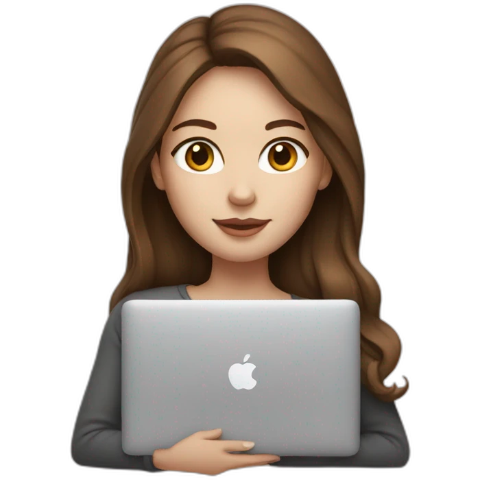 Girl with brown hair and white skin hold macbook emoji