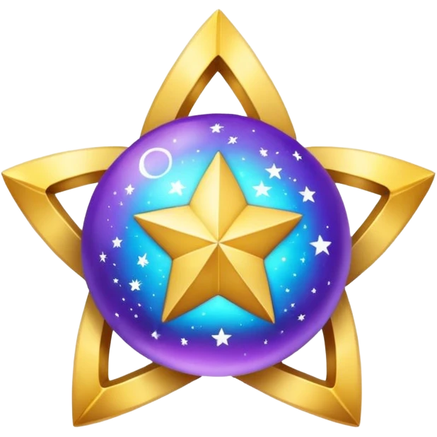 Uma esfera translúcida com reflexos roxos e azuis envolve uma estrela dourada brilhante no centro, criando um visual etéreo e futurista emoji