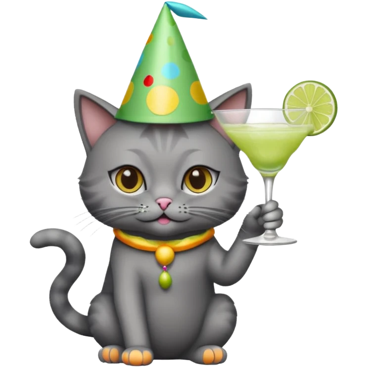 A dark grey cat is wearing a party hat, and drinking a margarita. emoji