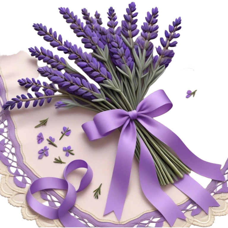 A delicate lavender bouquet, bound with a faded violet silk ribbon, rests atop an aged lace cloth, its soft petals releasing a gentle, calming fragrance. Wisps of dried lavender buds scatter across the table, their muted plum and lilac hues blending harmoniously with the intricate embroidery of the fabric.
 emoji