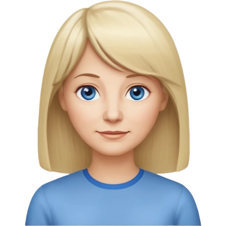 50 yr old white woman, center parted hair with bangs, very long straight blond hair, oval face, small smile, blue eyes, thin face, hair downback, hair parted at center of head, round cheeks, pale, longer hair, white shirt emoji