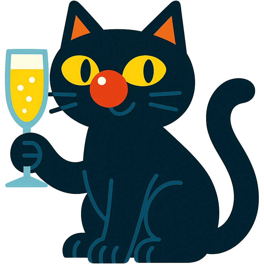 black cat with a clown nose and champagne glass, cartoonish and fun emoji