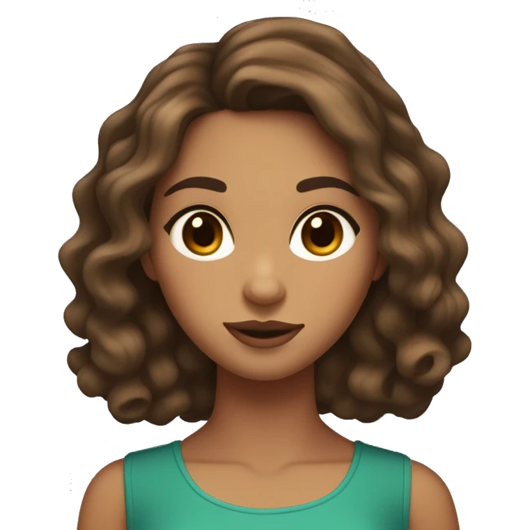A brown hair girl with medium length wavy at ends hair who has tan skin and brown blackish eyes that look like a deer wit no freckles and a regular nose and eyebrows and with regular sized lips except the top lip is a little bigger emoji
