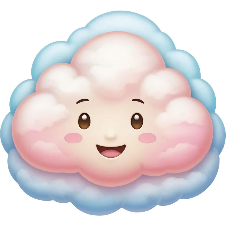 Cinematic round pastel cloud, soft puffy texture, gentle glowing edges, tiny happy face with blushing cheeks, floating in a dreamy sky, warm and magical. emoji