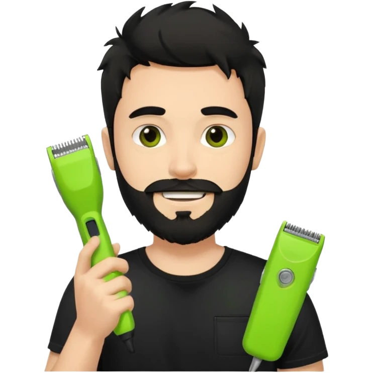 smiling young fair-skinned man with messy black hair and beard, wearing a black t-shirt, holding a single small true-to-size lime green face beard trimmer in one hand emoji