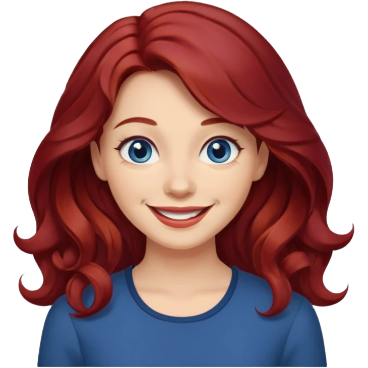 Create a custom emoji-style character inspired by a smiling woman with medium length, wavy dark red hair, light skin tone, and dark blue eyes. Emphasize a mischievous expression with a bright smile. emoji
