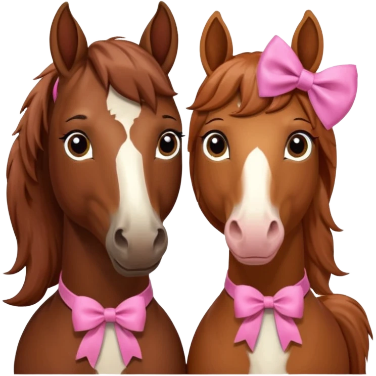 i want you to make a brown horse and a chestnut horse looking like best friends and having a pink bow on their maine next to ther ear emoji