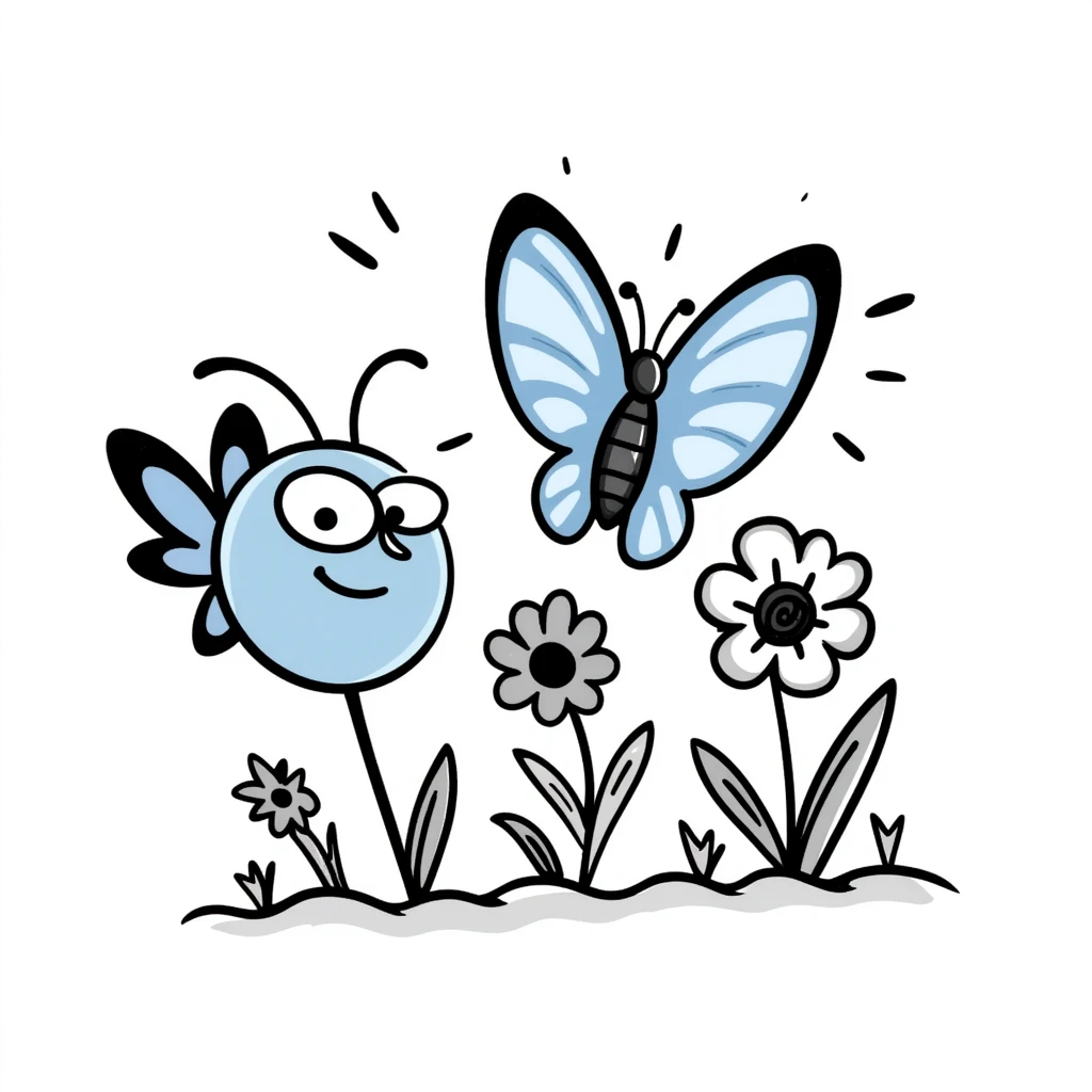 Blue butterfly with a cheerful smile flying around spring flowers and sunshine emoji
