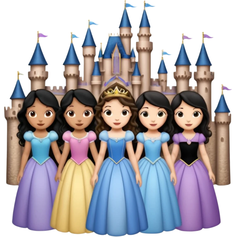 Quiero que crees una imagen donde este el castillo de Disney y por detrás o delante pon a quatro chicas: una con el pelo largo rizado marrón , otra con el pelo muy corto negro, otra con el pelo mediano liso marrón y otra con el pelo negro largo liso emoji