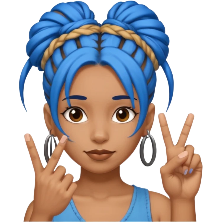 brown girl with blue dreads in a bun giving peace sign and middle finger emoji