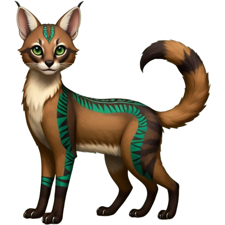 Colorful dark tropical dusky-hunter-green and dark-brownish glorious divine exotic cute cool beautiful shiny beautiful fantasy-caracal-civet-genet-sergal-vernid-Cacomistle-oncilla-animal-Fakémon-hybrid-fursona (full body) emoji