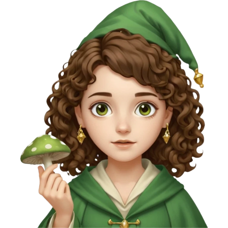 very beautiful italian girl, looking like Emma Watson, with curly and big volume very bright brown hair, and a golden piercing ring in nose on left side, dressed in a beautiful wizard robe of green colors, holding fly mushroom emoji