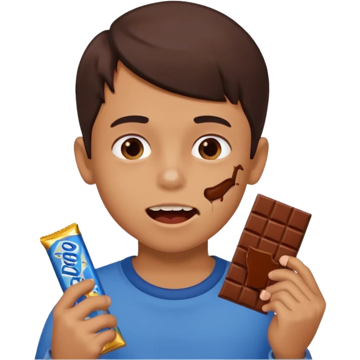 A boy holding a chocolate bar with him chewing on the bite he took emoji