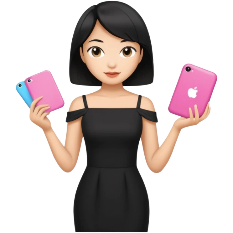 asian black short shoulder length hair tanned woman, black dress girly things emoji