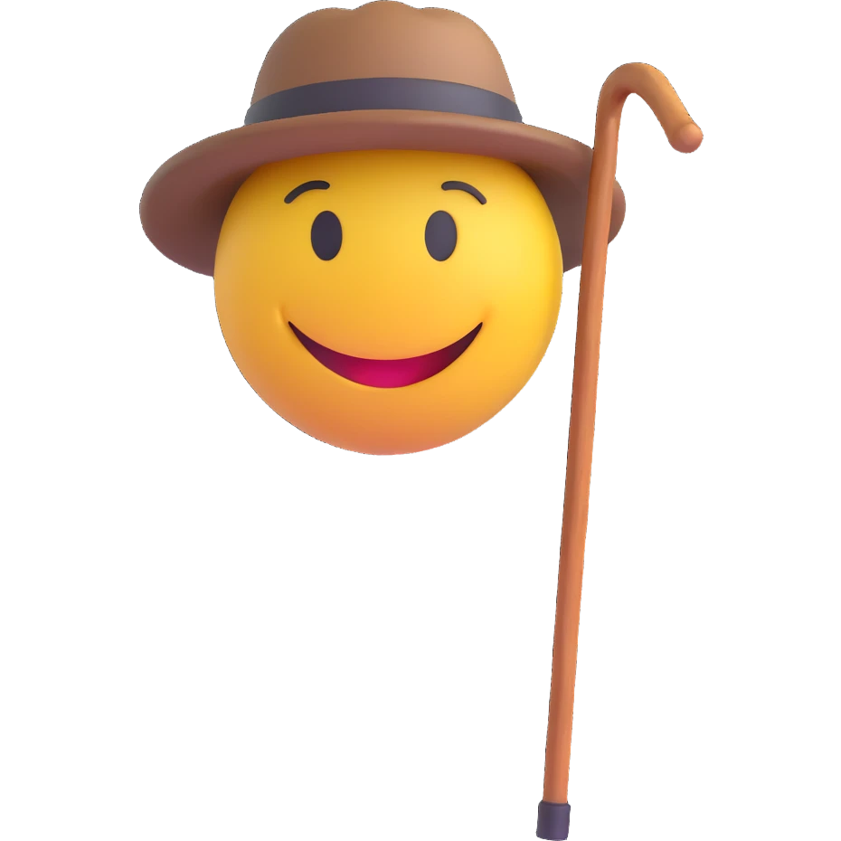 3D smiley emoji, round shape, grandfather wearing a hat and holding a walking cane, brown color, smiling face emoji