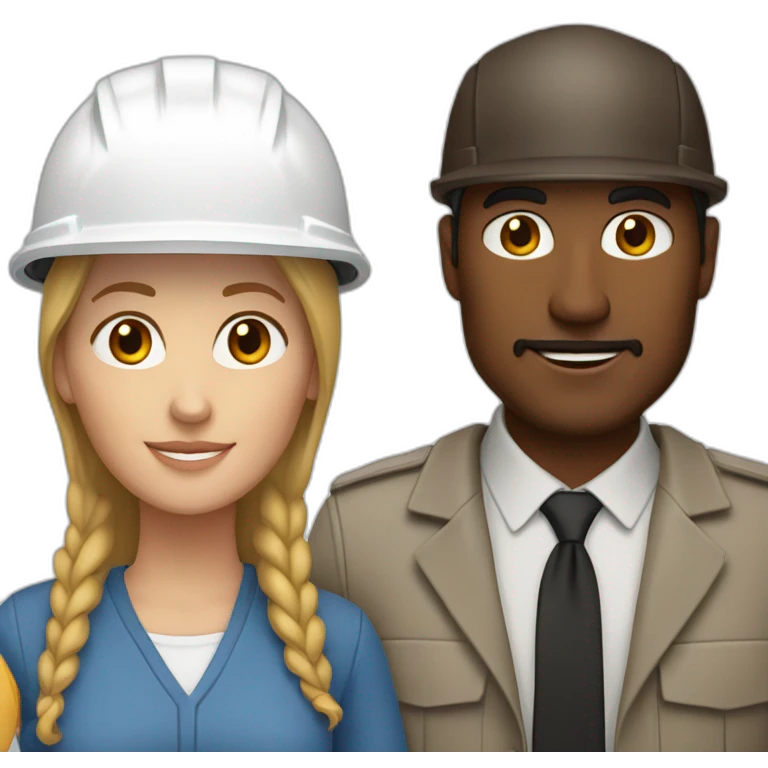 A white-helmeted couple of architects, featuring a white woman and a brown-skinned man emoji