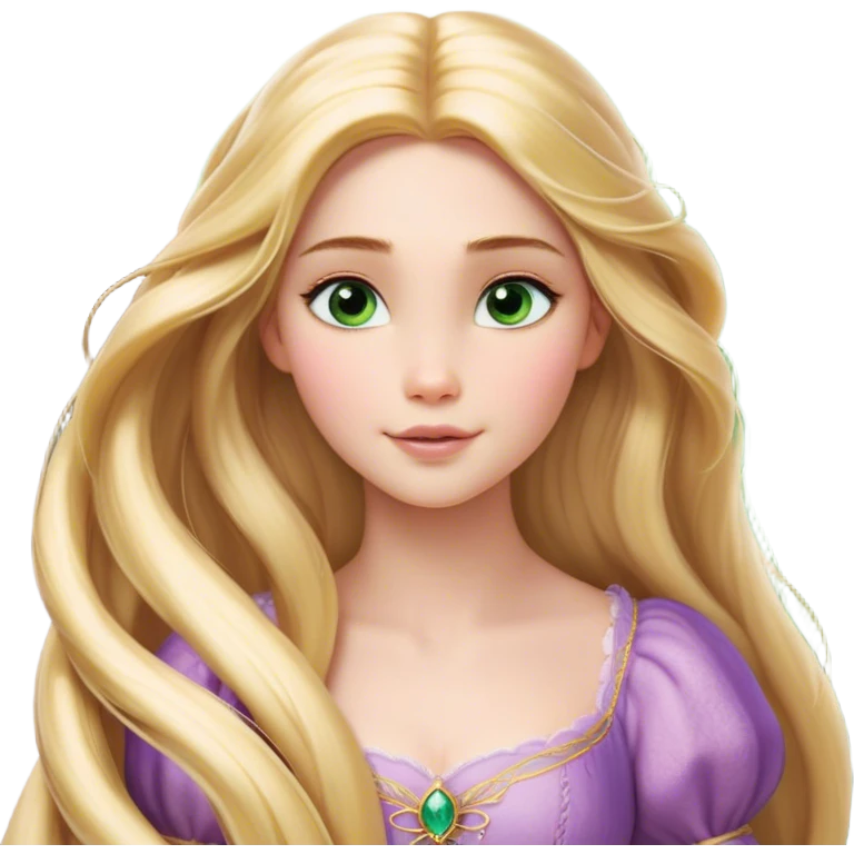 Cinematic Realistic Rapunzel Portrait, with porcelain-like skin featuring a subtle, natural glow, illuminated by soft lighting that brings out the gentle contours of her face. Her long, golden blonde hair cascades in detailed waves, each strand highlighted with a radiant shimmer as it catches the light. Her bright, expressive green eyes exude curiosity and warmth, framed by delicate lashes and soft, arched brows. Her expression is playful and vibrant, with a gentle smile. She is dressed in her classic lavender and pink gown, the fabric textured with delicate folds that flow naturally, catching the light with a soft, radiant glow. The portrait captures a luminous, enchanting aura, seamlessly blending realism with a whimsical, fairytale charm, evoking a timeless sense of beauty and magic. emoji