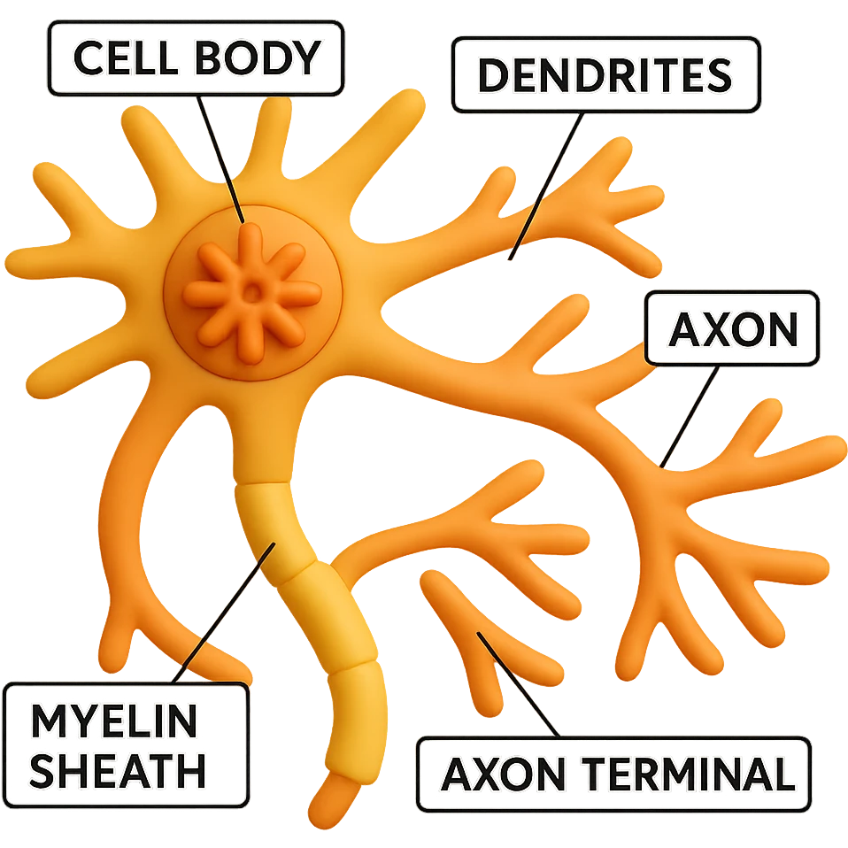 Add clear callouts and labels to the main structures of the nerve cell, including the myelin sheath, neuroprotective elements, and other key anatomical parts, in a 3D emoji style. The image should have no background and the labels should be clear and easy to read. emoji