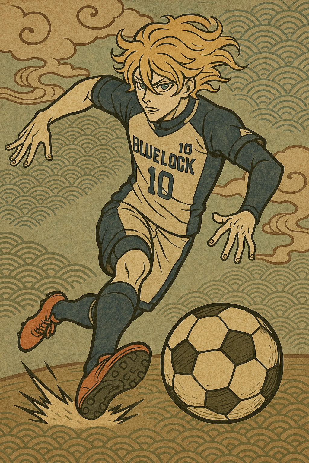 Kaiser from Blue Lock, full body pose in soccer uniform, dynamic action, anime style emoji