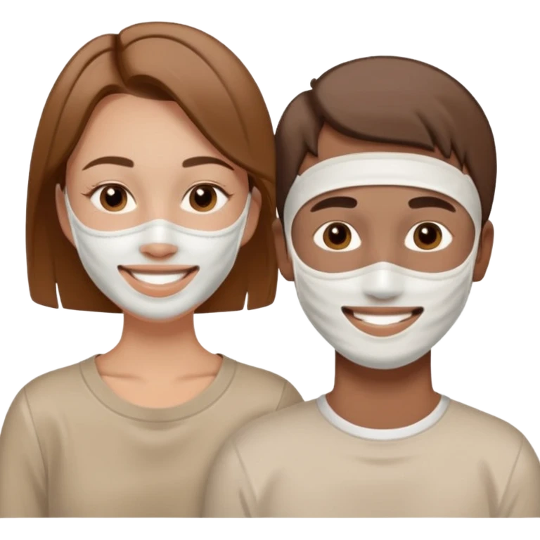 one woman with brown straight hair and a white clay self care face mask on smiling next to a man with light brown short hair with a white clay self care face mask on emoji