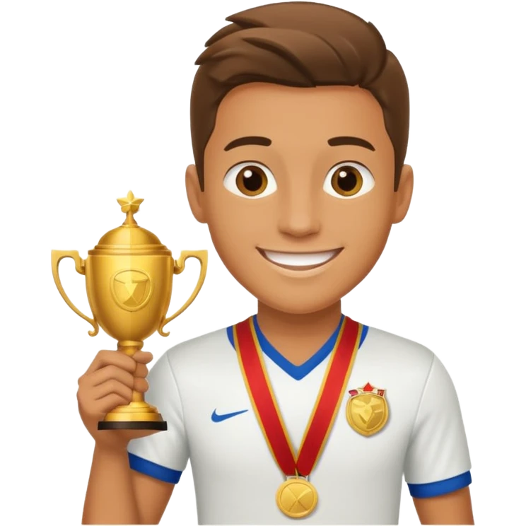 happy soccer player with a first-place medal and a trophy emoji