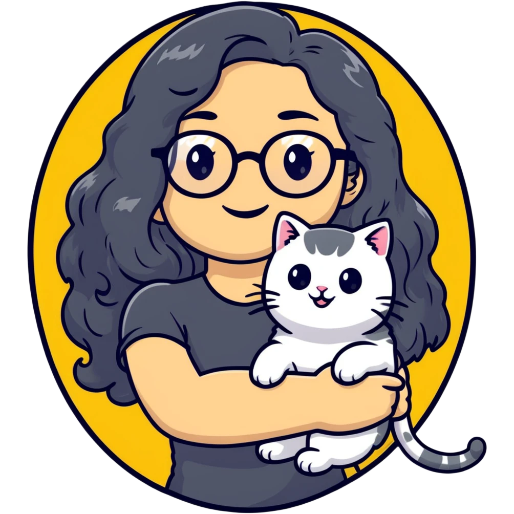 Young woman with warm yellow skin tone, oval face, long black wavy hair, thin-framed glasses, smiling while holding a grayish-white Munchkin cat with short legs and gray marking under its mouth emoji