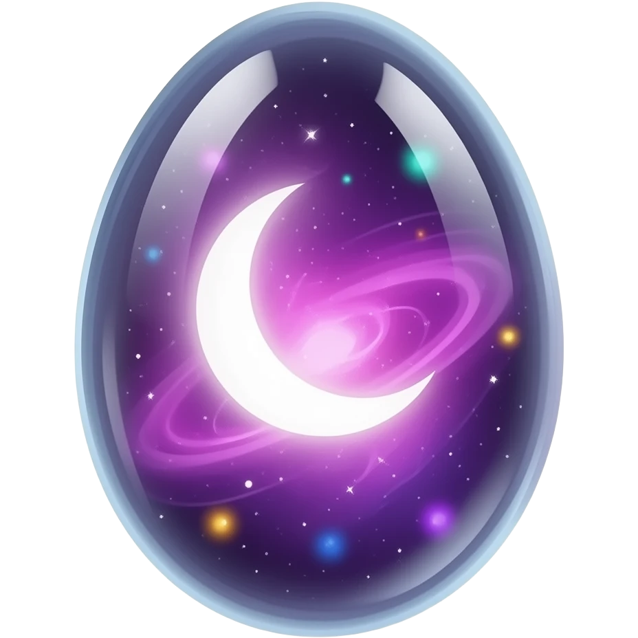 transparent glowing cosmic egg with no visible shell, fully see‑through, containing a swirling purple‑pink nebula and a luminous crecent moon, floating multicolored light orbs inside, isolated object, transparent background emoji