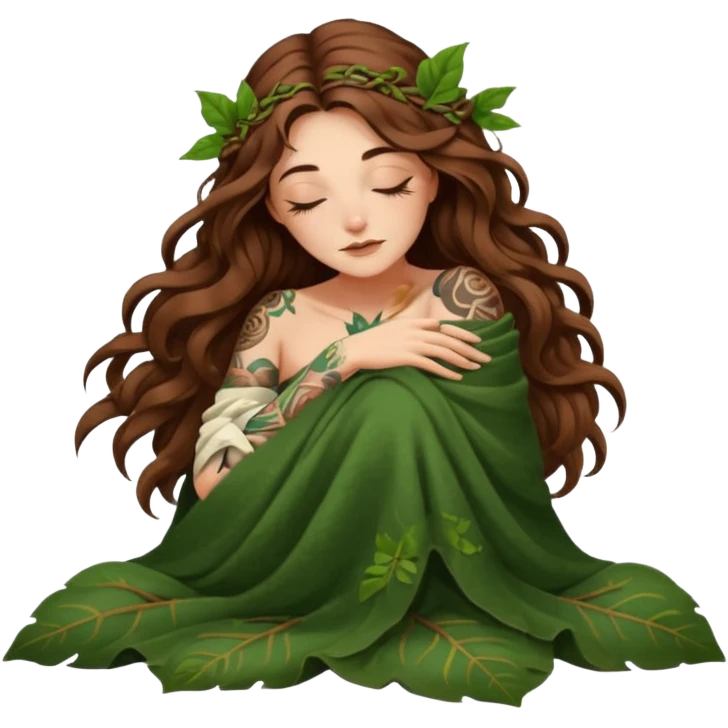 sleepy moon druid woman long wavy brown hair tattoos in leaf blanket emoji