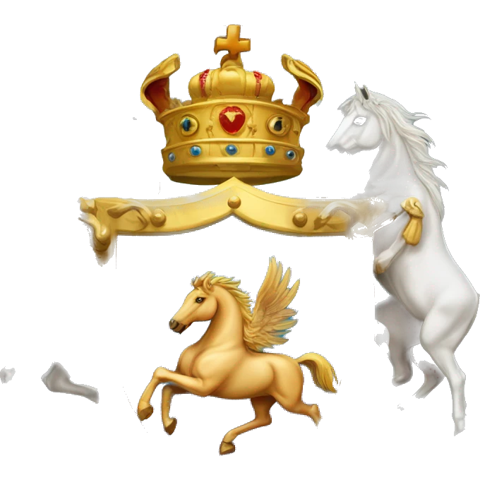 Create an ornate coat of arms featuring two majestic horses rearing on either side. The central shield should display a radiant sun with a face, surrounded by golden rays. Above the shield, include an elaborate crown adorned with intricate details. emoji