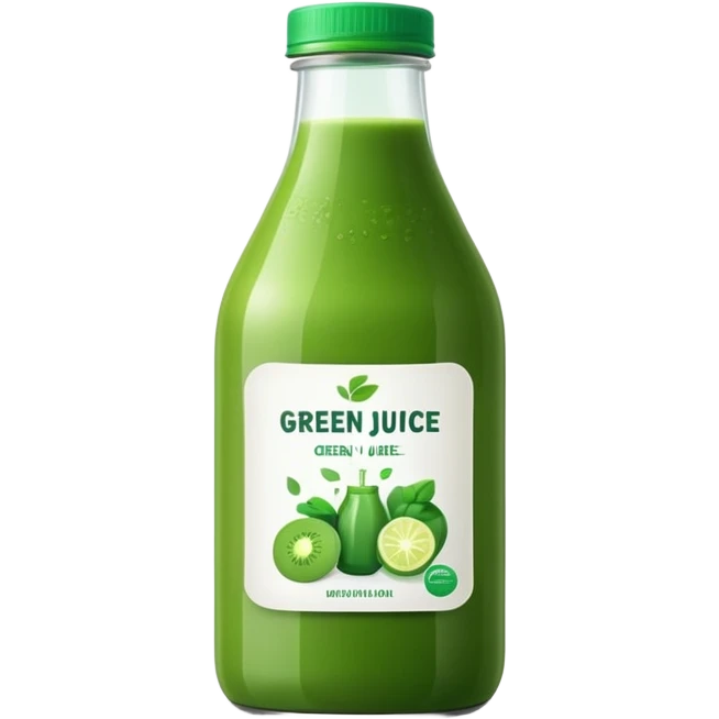 green juice in clear bottle with label emoji