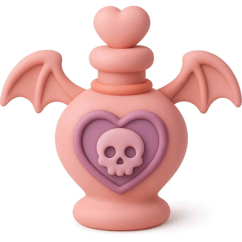 Create a mochi style pink goth potion bottle, add a bat motif and a heart-shaped stopper. Keep the soft and cute gothic look, no background. emoji