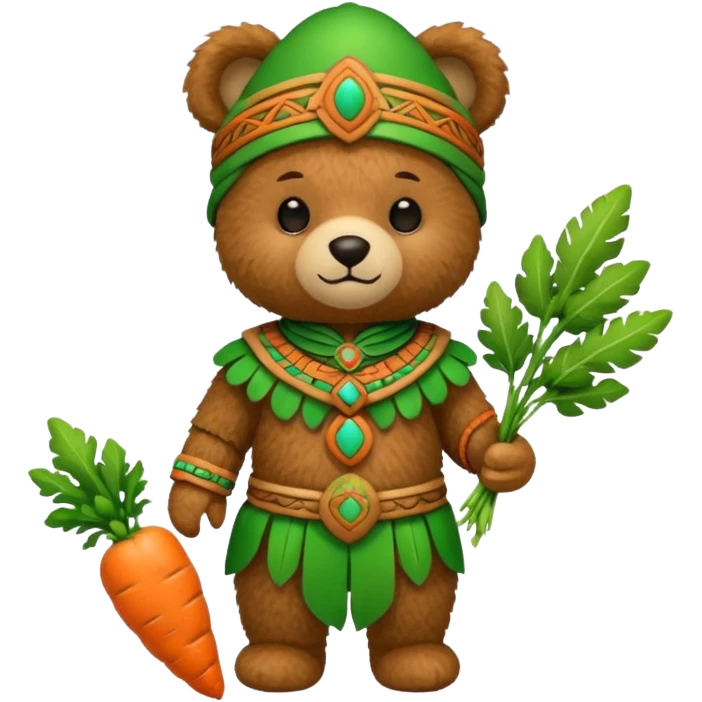 teddy bear, wearing green mayan ancient custome, with carrot emoji