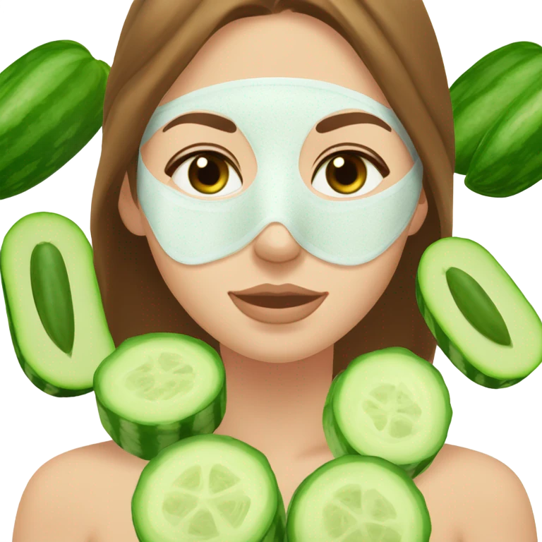 Girl with freackles Brown hair white skin Tone and blue eyes wears Green skin care mask while She relaxes and cucumber on her closed eyes emoji