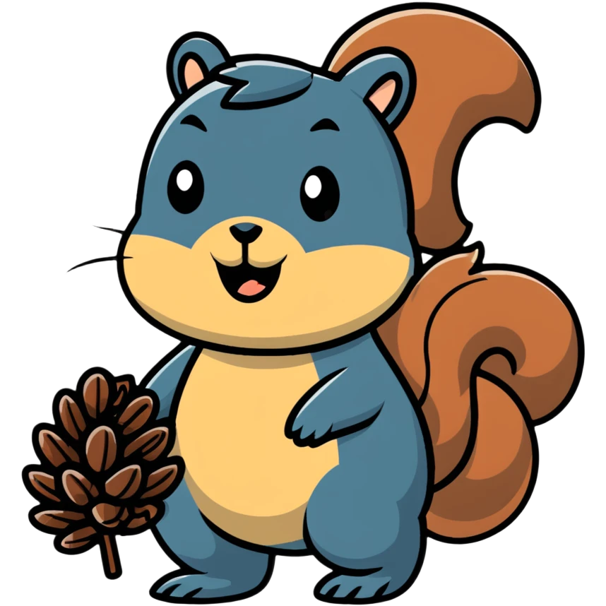 Greedy little squirrel with a large pine cone balanced on top of its head, with an unsettling strange expression, looking hungry emoji