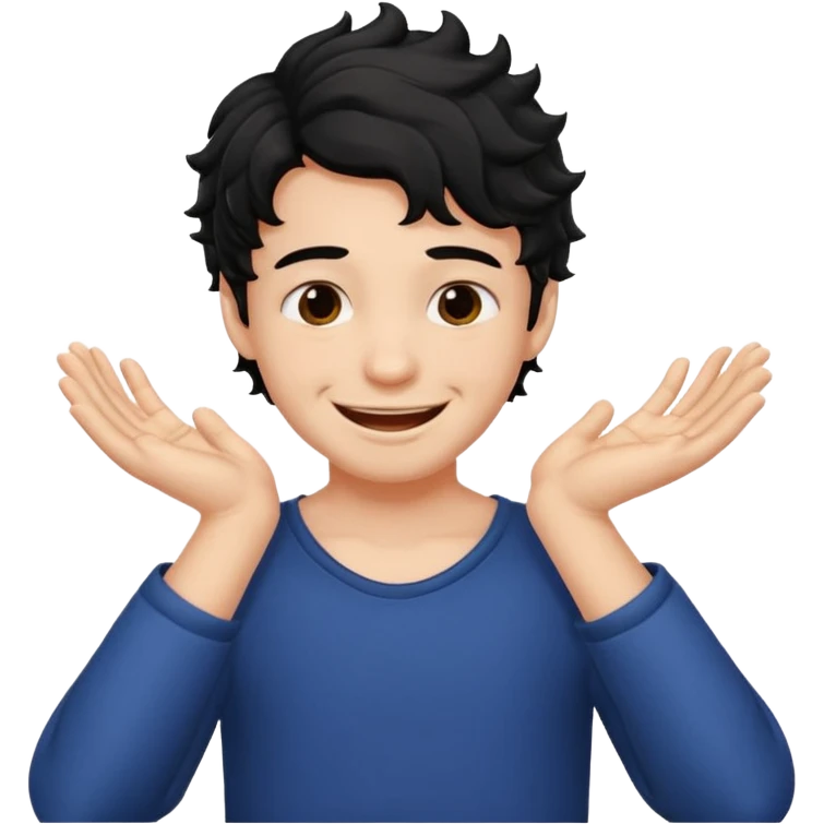 a boy with black wavy hair smiling very big but strangling his neck with his hands emoji