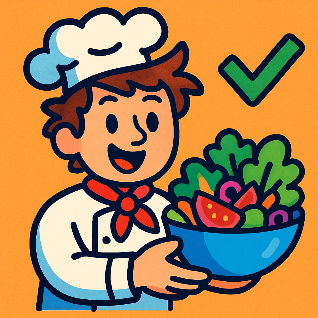 a chef with messy brown hair, wearing a chef's hat, offering a salad, with a green tick next to him, playful colorful style emoji