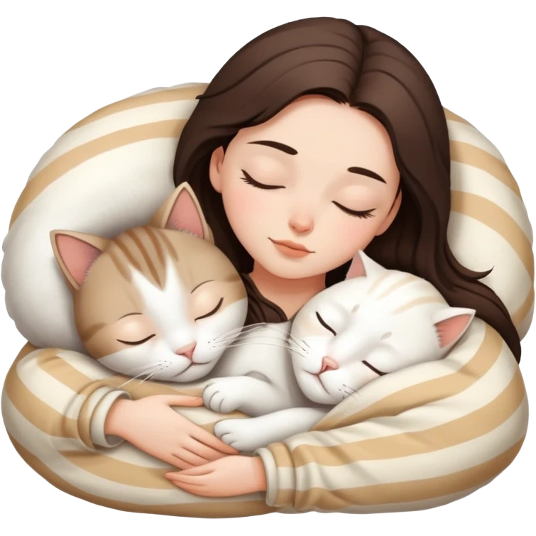 Brunette girl sleeping with white cat with beige stripes emoji