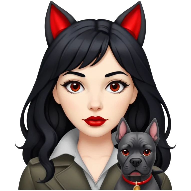 Fashionable woman with long black hair, big red lips, and Cane Corso dog ears and short tail emoji