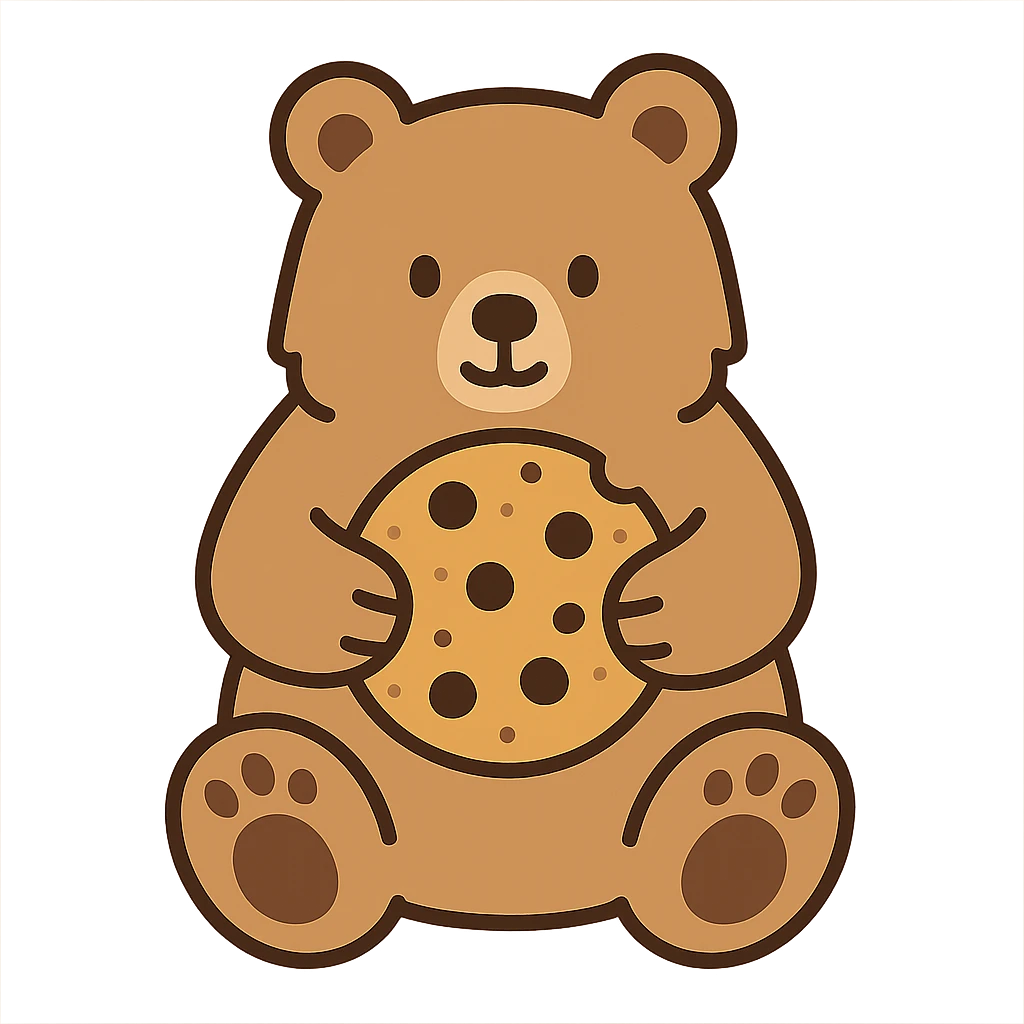 flat toon style blonde grizzly bear sitting, full body, holding a large chocolate chip cookie emoji