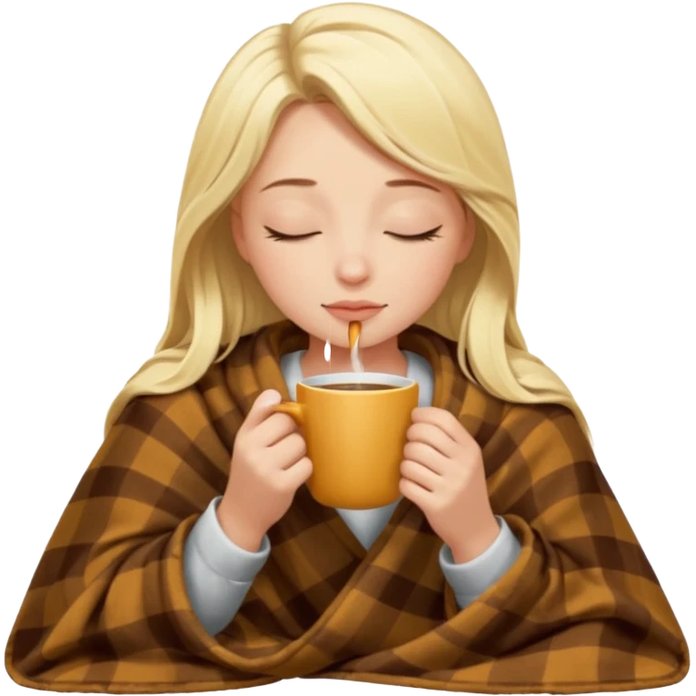 Blonde girl inside a blanket sipping coffee eyes closed emoji