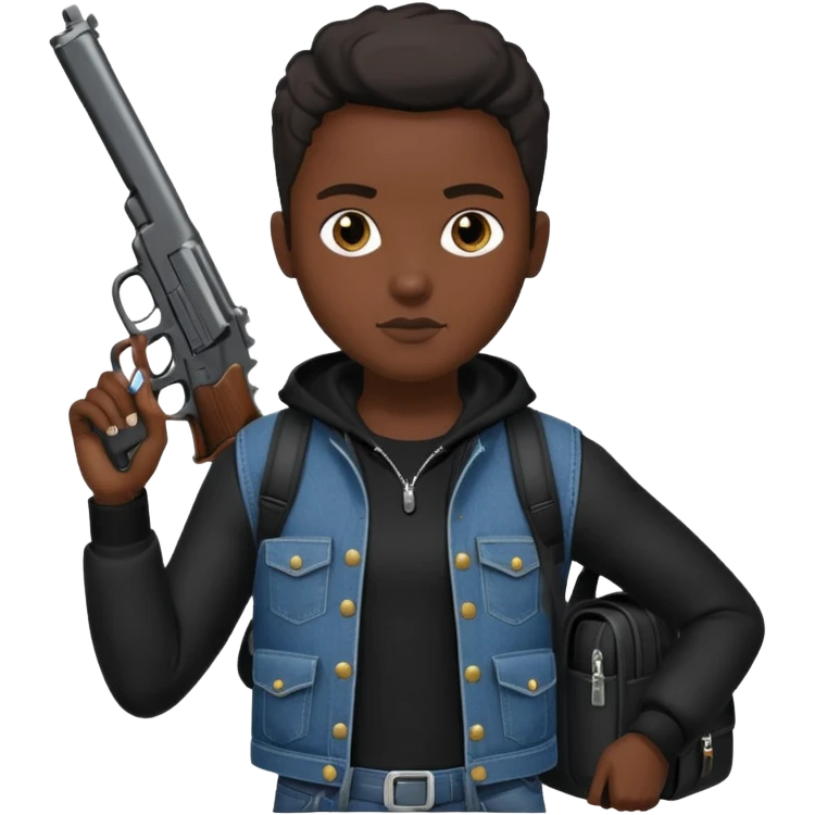 YN wearing all black, designer bookbag, holding a pistol with extended mag, designer jeans emoji