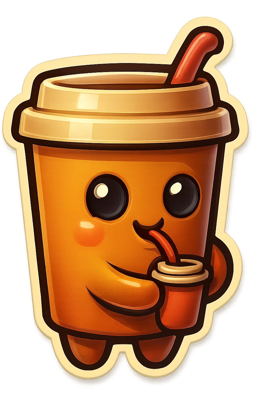 Tall coffee cup, amused, drinking coffee with straw, looking sideways emoji