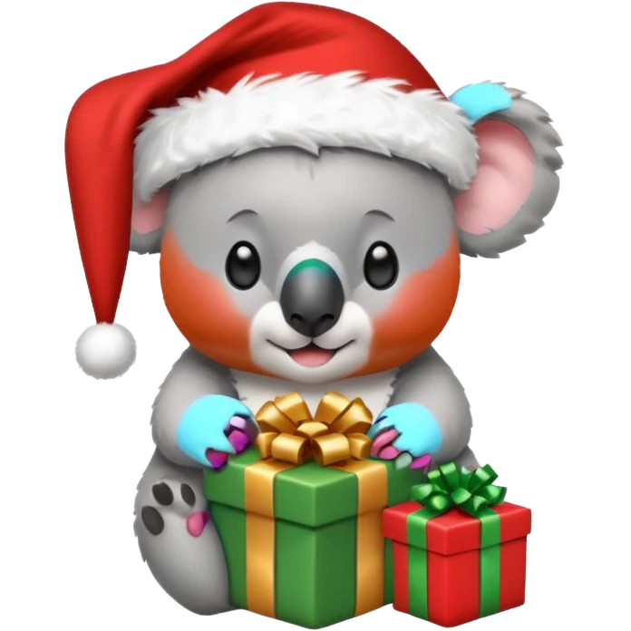 Koala with a santa hat and presents around him emoji