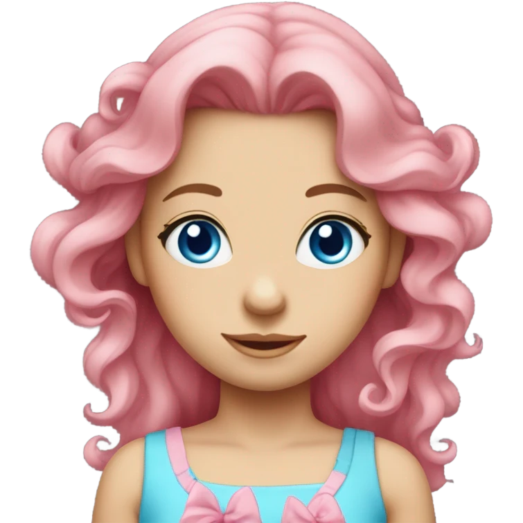 Long wavy Pink haired girl with bright beautiful blue eyes and pretty face, wearing a cute pink dress with a bow in her hair emoji