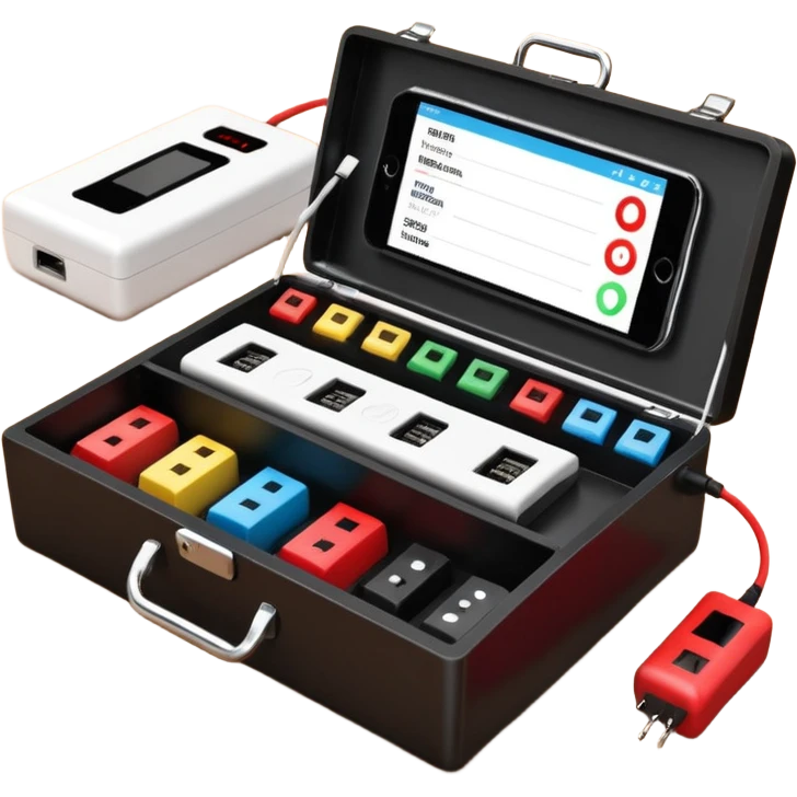 Open professional black testing case on wooden desk. Interior: control panel with colored sockets, USB ports, and power outlet. Inside: a roll of white QR-code calibration stickers.  red test probe.  emoji
