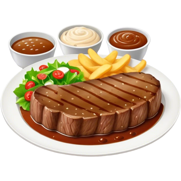 big juicy australian steak meal featuring chips, small salad in a ramiken and gravy  emoji
