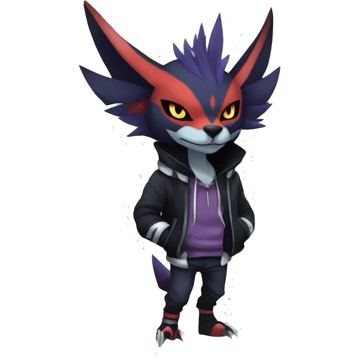 Cool Anthro Dark Absol-Noivern-Quilava-Litten-Pokémon with edgy stripes hoodie spiked collar punk Full Body emoji